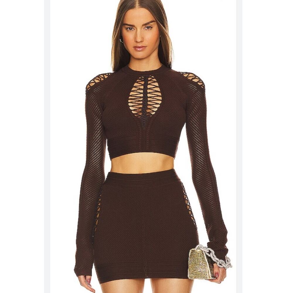 Michael Costello x REVOLVE Kory Top in Brown Crop L/S Stretch Size Small